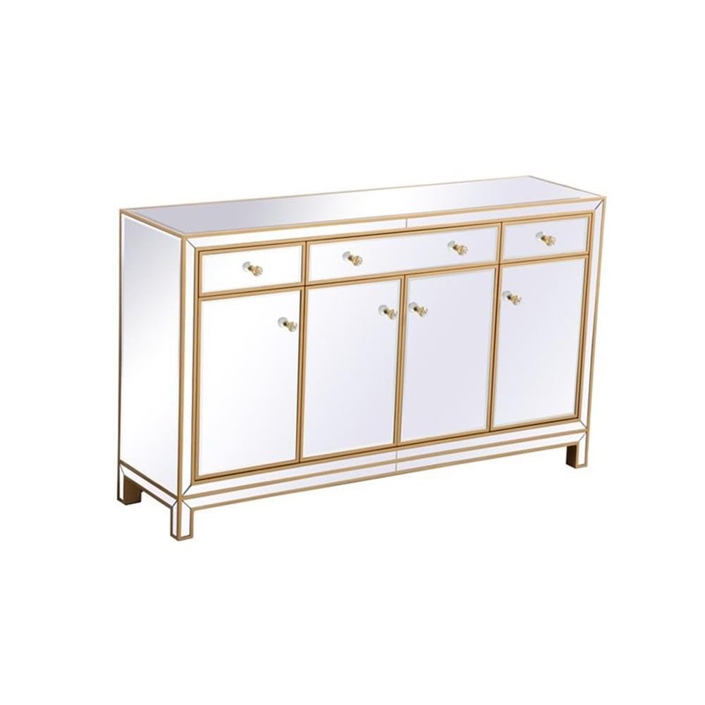 Pemberly Row Modern 60" Metal and MDF Mirrored Credenza, Gold Finish, 4 Doors, 3 Shelves, Rectangle Shape, Soft Closing Hand-Painted Storage Cabinet for Living Room, Dining Room, or Entryway Use