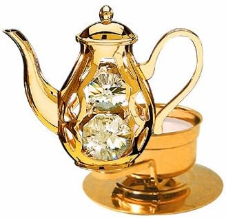Mascot Antique Coffee Pot Tea Light - 24k Gold Plated with Mascot Crystals, Home Décor Gift