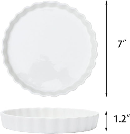 FEOOWV 7 Inch White Round Porcelain Quiche Pan - Non-Stick - Baking Tart Pies, Chicken Pot Pie, Dishwasher Safe