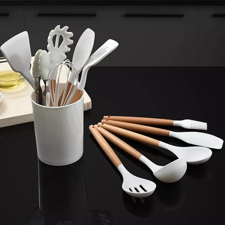 Kitchen Utensils Set, 33 pcs Non-Stick Silicone Cooking Utensils, Heat-Resistant Wooden Gadgets for Cooking, White