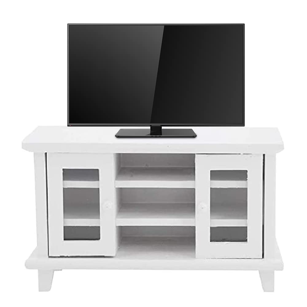 Miniature TV Cabinet Dollhouse Wooden Furniture, NO TV, Mini Accessories 1:12 Scale Mini Room Decoration Model Storage Cabinet Hobby Handcraft Gift (White)