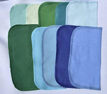 1 Ply Solid Color Flannel Wipes, 8x8 Inches, Set of 10 Assorted Blues and Greens, Made in the USA