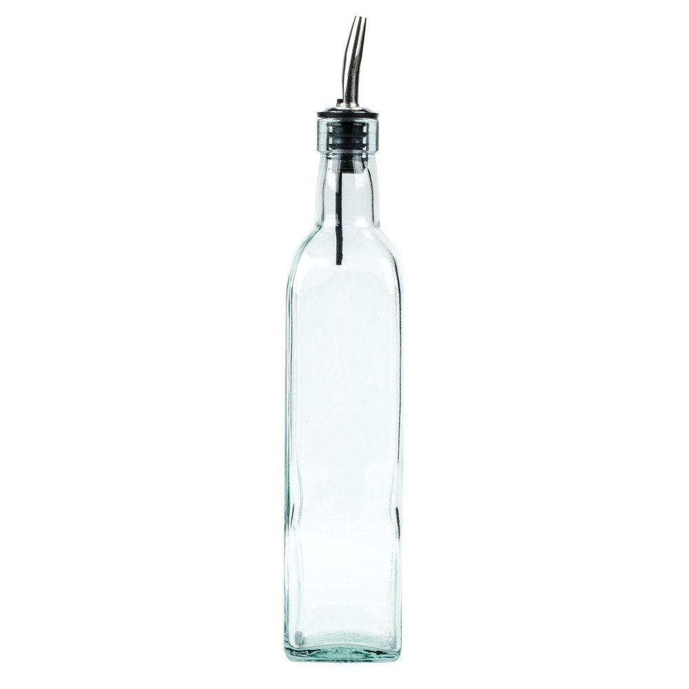 Tablecraft H9085 Glass Oil And Vinegar Cruet, Olive Oil Dispenser With Stainless Steel Spout, Slight Green Tint, 8.5 Ounce