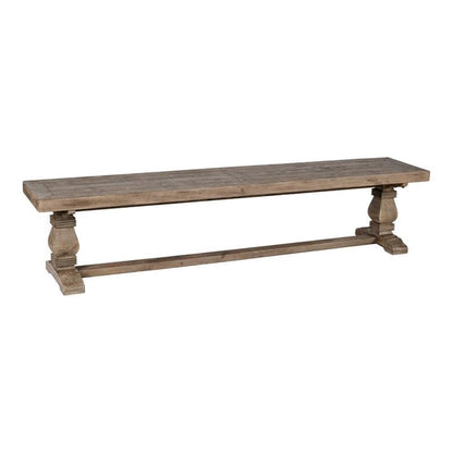 Trent Home 83" Transitional Reclaimed Pine Wood Bench, Weathered Brown Finish, FSC Certified, Hand-Carved Pedestal Base, Rustic Seating for Kitchen, Dining Room or Entryway