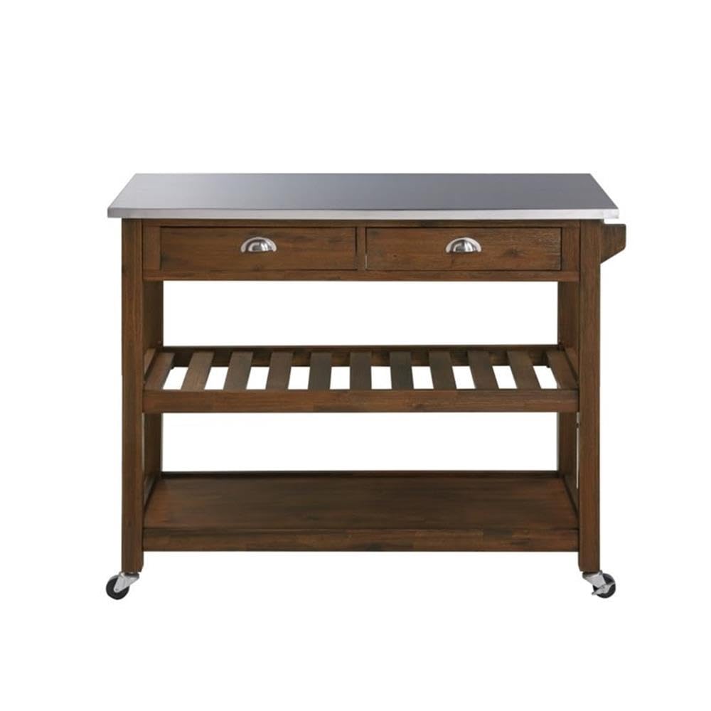 BOWERY HILL Modern Kitchen Cart, Rubberwood and Stainless Steel, Chestnut Wire-Brush Finish, 45" W x 20.5" D x 35.75" H, Adjustable Shelf, Storage Drawers, Locking Casters, Portable Prep Station