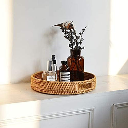 14 inch 2.4 inch) Coffee Table Tray Round Rattan Ottoman Tray Woven Serving Trays with Handles for Home and Kitchen