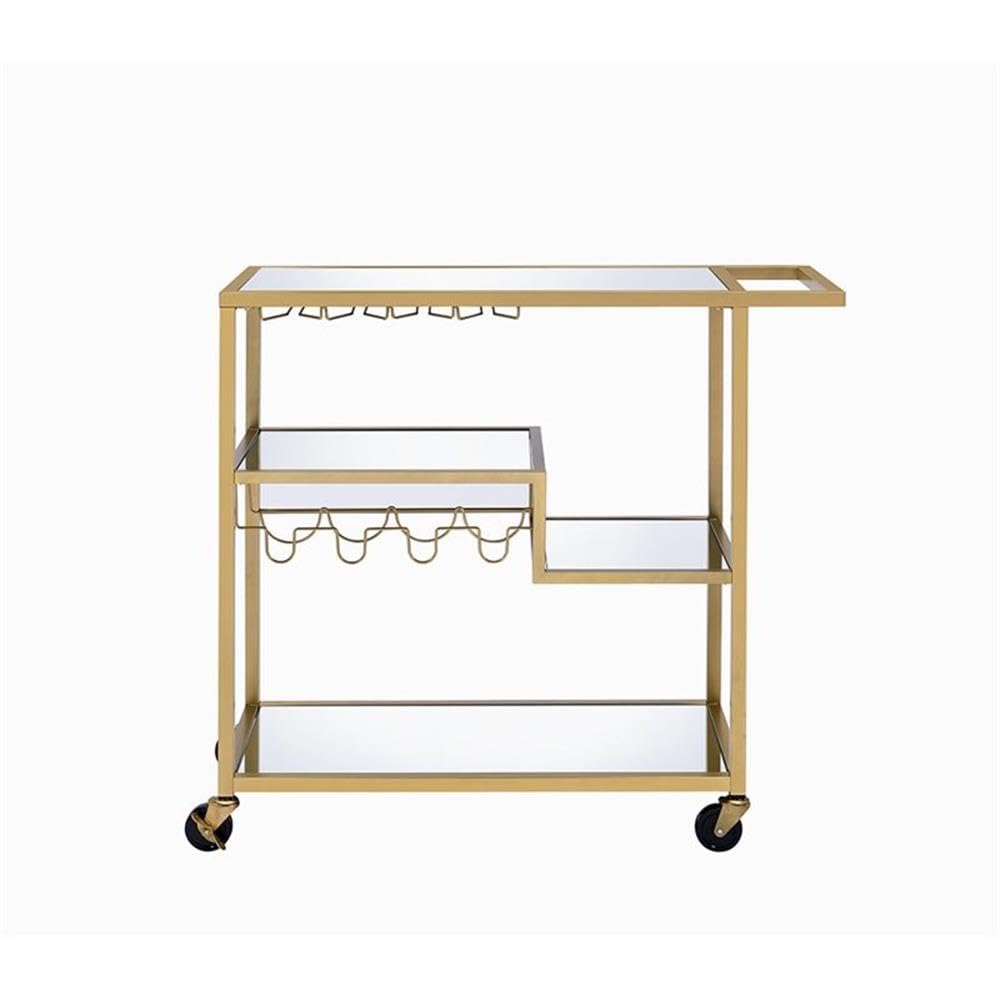 Acme Adamsen Rectangular Glass Top Serving Cart with 3 Tiers in Gold