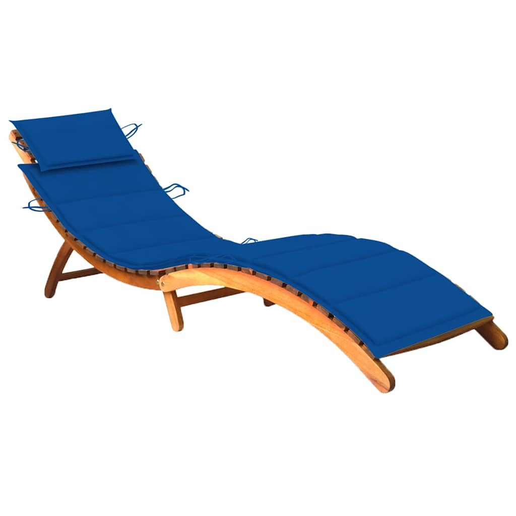 Solid Acacia Wood Outdoor Sun Lounger with Cushion, Foldable Slatted Design for Garden Patio Pool, Ergonomic Curved Lounge Bed with Head Pillow and Se Rope Ties