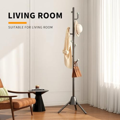 Heavy Duty Anti-Tip Coat Rack with 8LB Stable Weighted Base, [80LB Load Tested] Metal Standing Tree with 8 Hooks, 3-Height Adjustable Space Saving Clothes Organizer for Entryway, Bedroom, Office