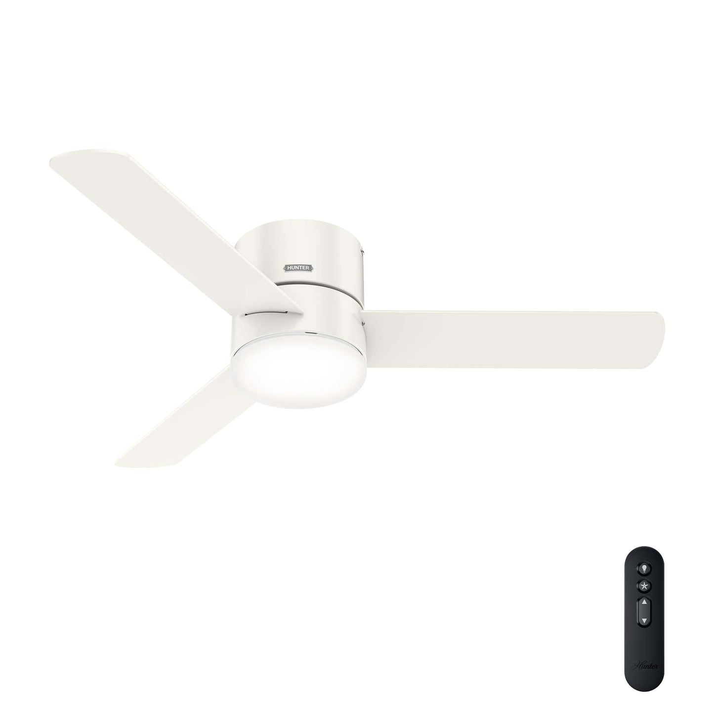 Hunter 52 inch Indoor Ceiling Fan with Light and Remote Control - For Bedroom or Living Room, Low Profile Flush Mount, White Modern Ceiling Fan with LED Light, 3 Blades - Minimus 51433, Fresh White