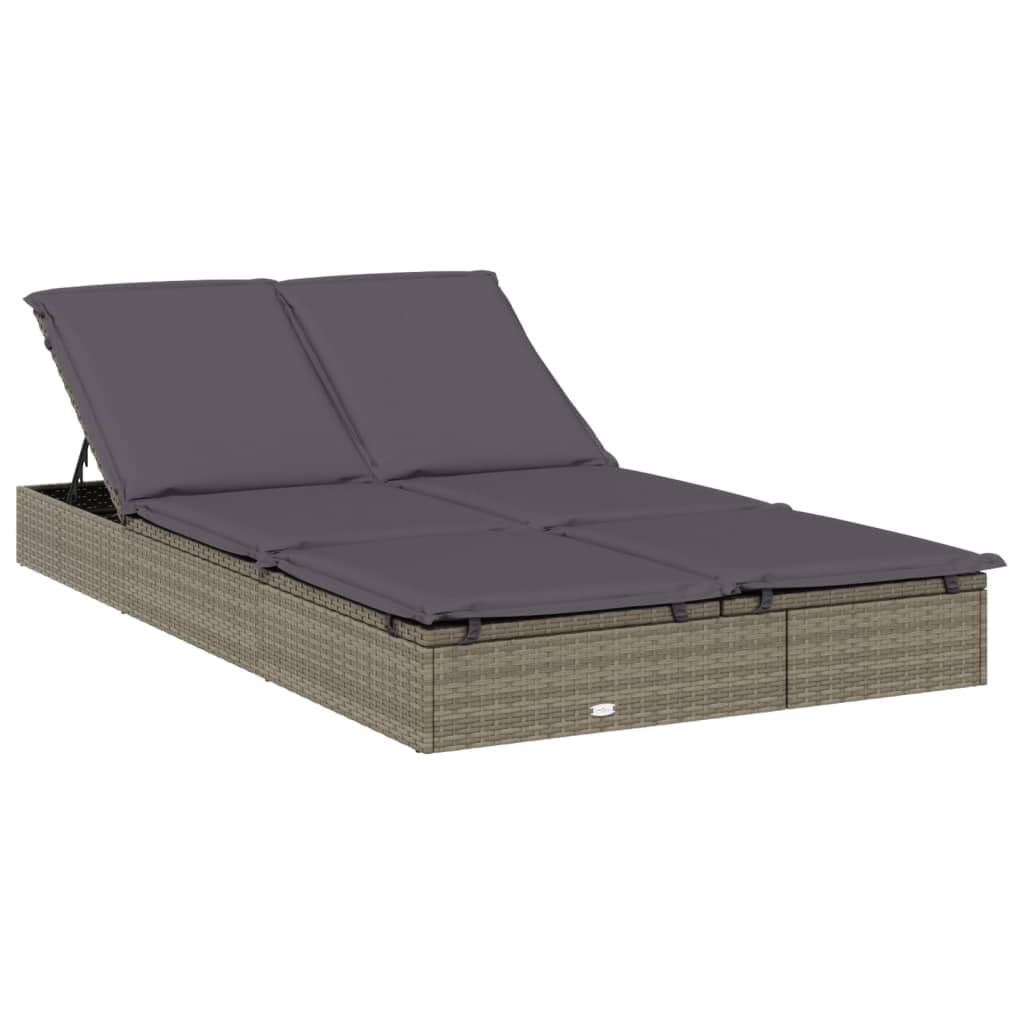 CongVVFV Grey PE Rattan Sunbed with Powder-Coated Steel Frame Double Foldable Adjustable Armrests Weather-Resistant Cushions Modern Outdoor Furniture for Patio Garden Balcony Lounging