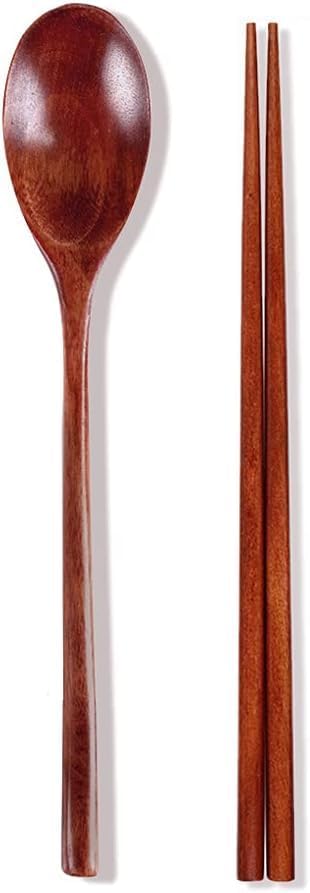 Ecloud Shop Wooden Chopsticks Spoon Set - Korean Dinnerware Reusable Long Handle Spoons for Home Kitchen (4 Sets)