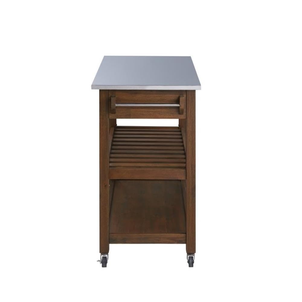 BOWERY HILL Modern Kitchen Cart, Rubberwood and Stainless Steel, Chestnut Wire-Brush Finish, 45" W x 20.5" D x 35.75" H, Adjustable Shelf, Storage Drawers, Locking Casters, Portable Prep Station
