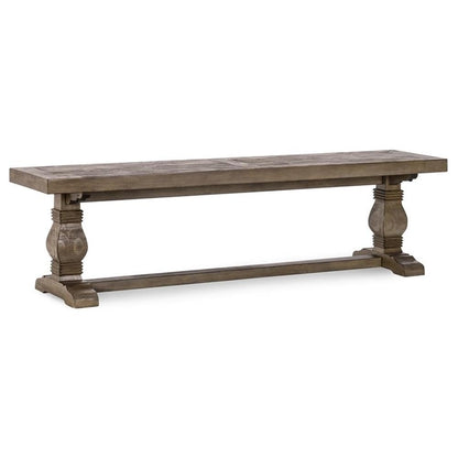 MAKLAINE 66" Transitional Reclaimed Pine Wood Bench, Weathered Brown Finish, Hand-Carved Pedestal Base, Rustic Style Seating for Kitchen or Dining Room, Seats Up to 3