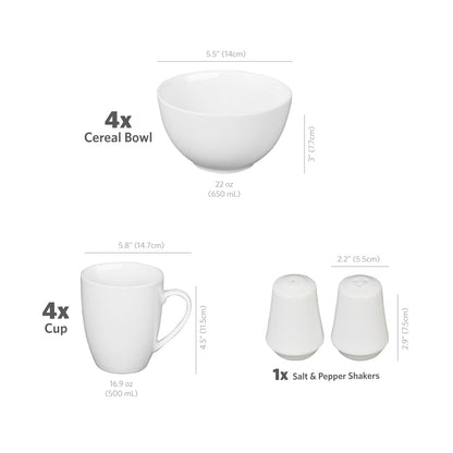 Glad Porcelain Dinnerware Set, 22pcs - White Round Kitchen Dishes, Microwave, Oven & Dishwasher Safe - Dinner Set with Plates, Bowls, Mugs, and Salt & Pepper Shakers