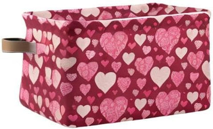 Happy Valentine's Day Storage Basket, Fabric Kitchen Bins in Pink Purple Love Heart, Foldable Organizer Bag, 16×12×8