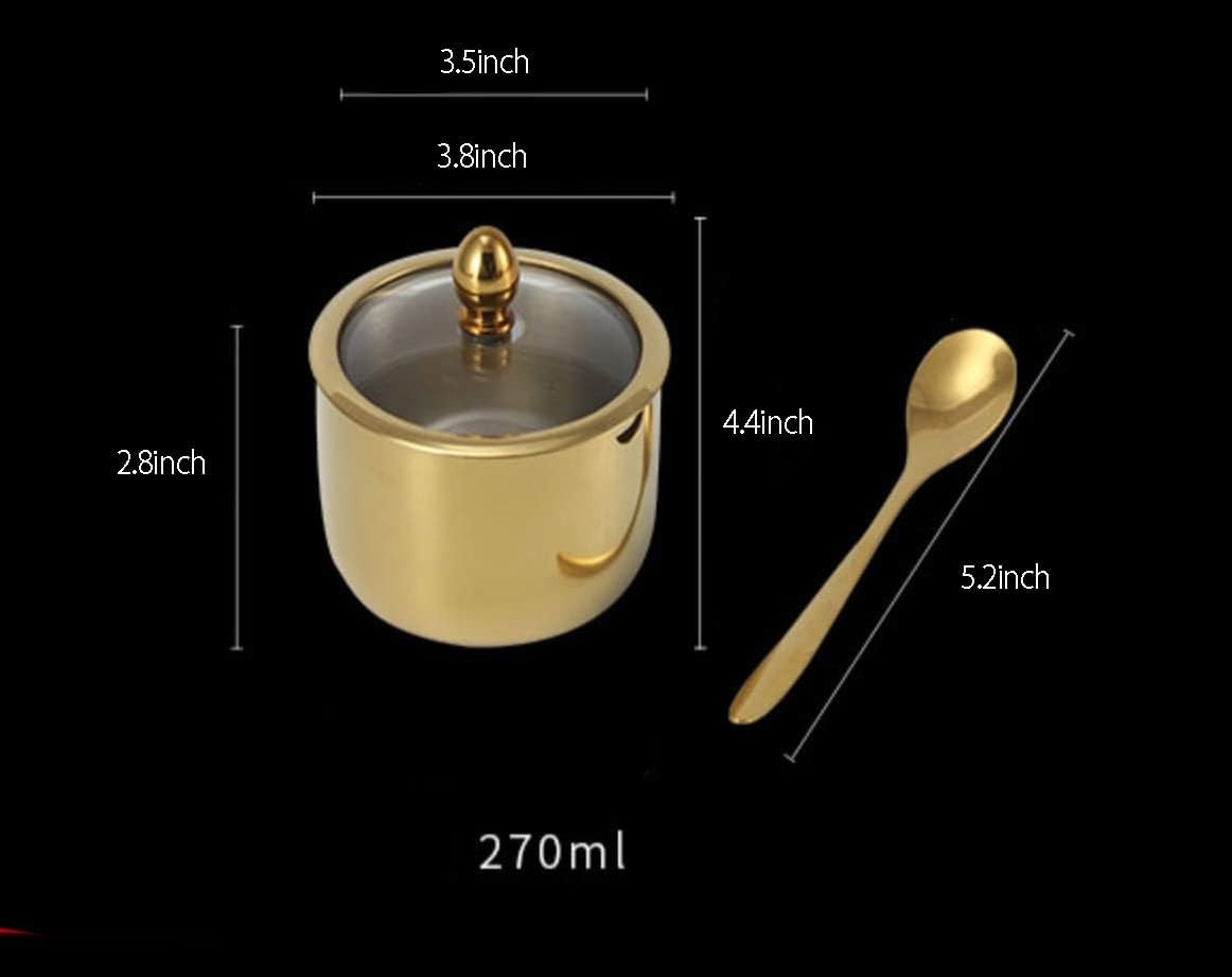 Gold Stainless Steel Sugar Bowl, Spice Jar Seasoning Pot with Lid and Spoon