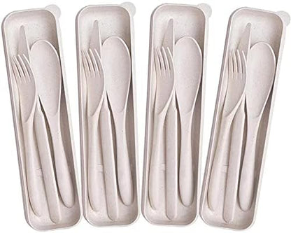 M&F 4 Pack Portable Utensils Set with Case, Reusable Wheat Straw Cutlery Set for Travel, Fork Spoon Cutter for Kids