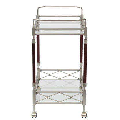 Scranton & Co Serving Cart, 31.25" W x 16.5" D x 30" H, Brushed Nickel Metal Frame, Walnut Wood Accents, Tempered Glass Shelves, Mobile Bar Cart for Entertaining