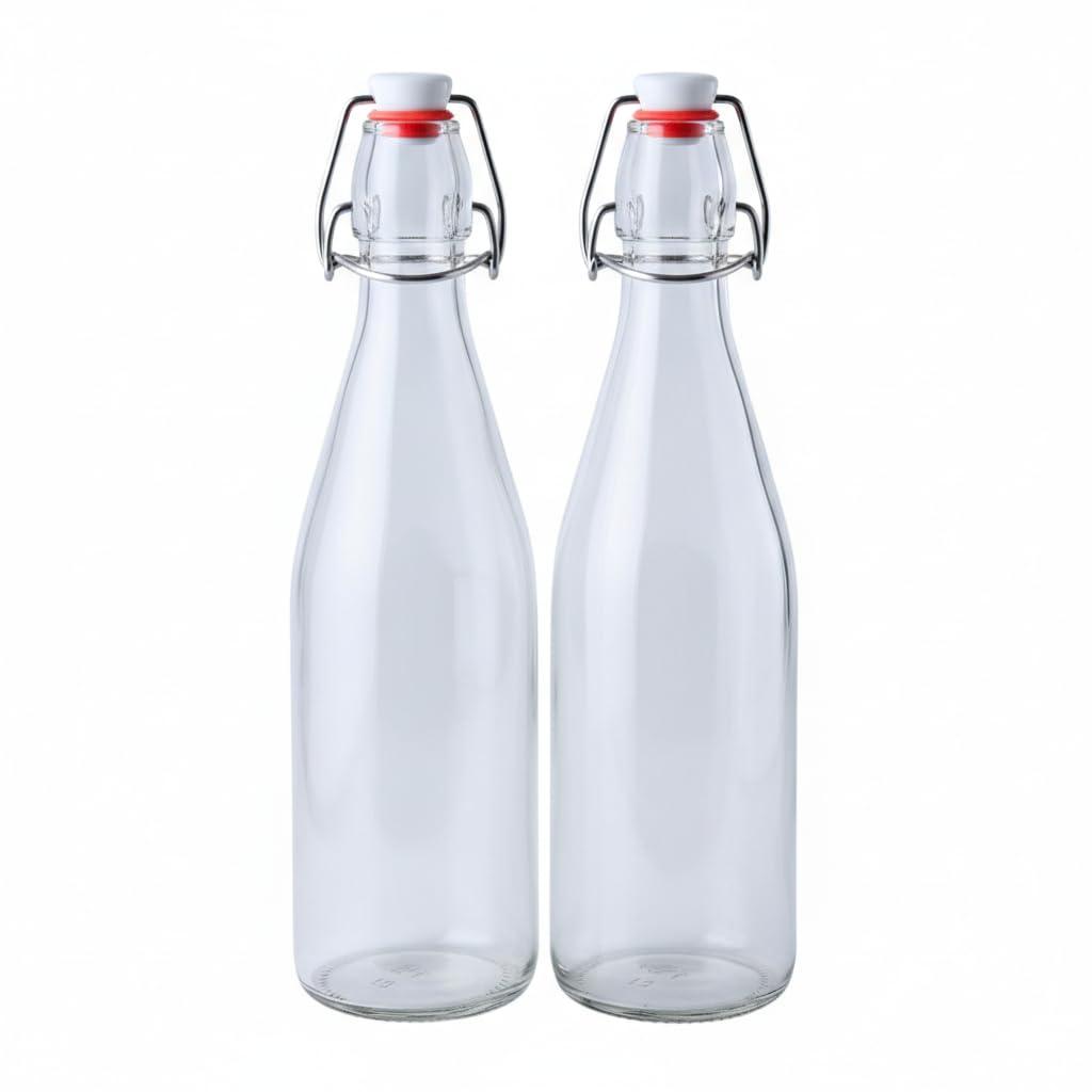 FastRack Swing Top Glass Bottles 16 oz (500ml) – 2 Pack | Clear Flip Top Bottles with Airtight Lids | Reusable Glass Containers for Olive Oil, Vinegar, Kombucha, Beer & Fermentation