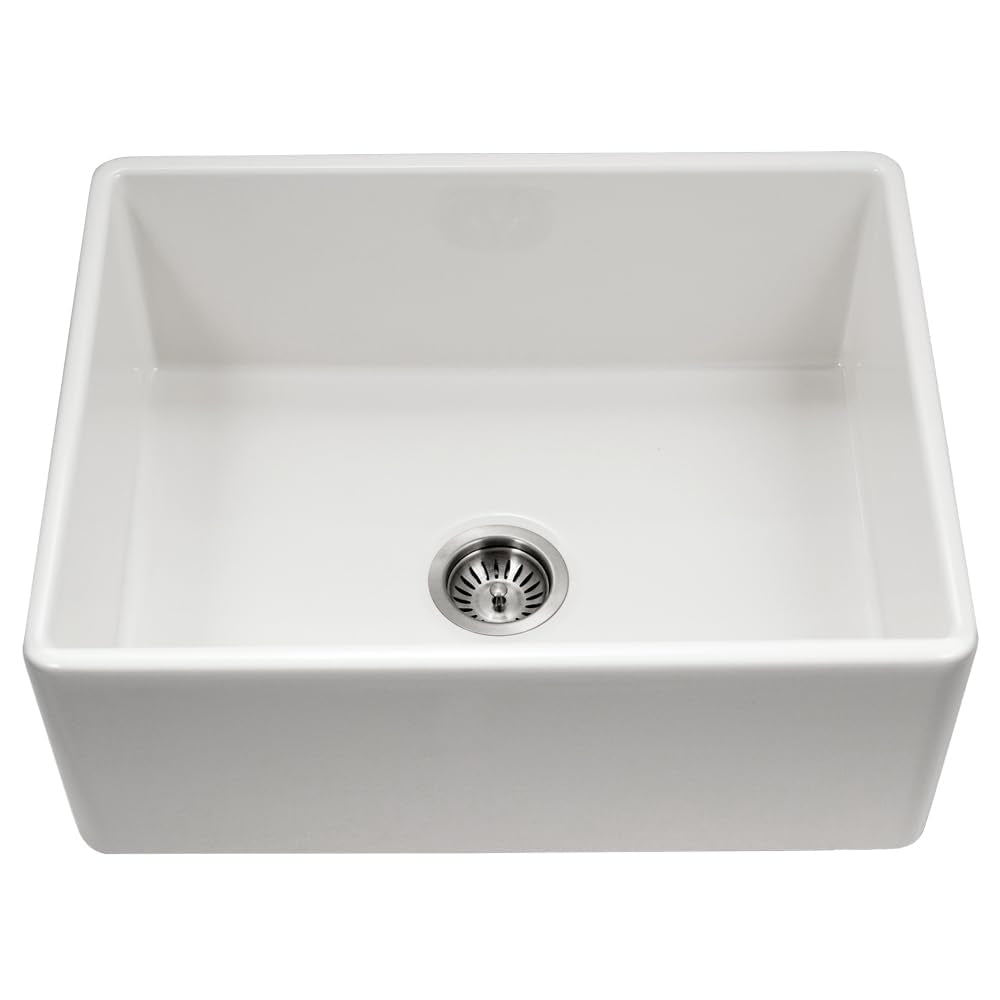 Houzer PTS-2600 WH Platus 26 Inch Fireclay Apron Front Kitchen Sink, Farmhouse Style, Single Bowl, Non Porous Surface Impervious to Cracks and Chips, White