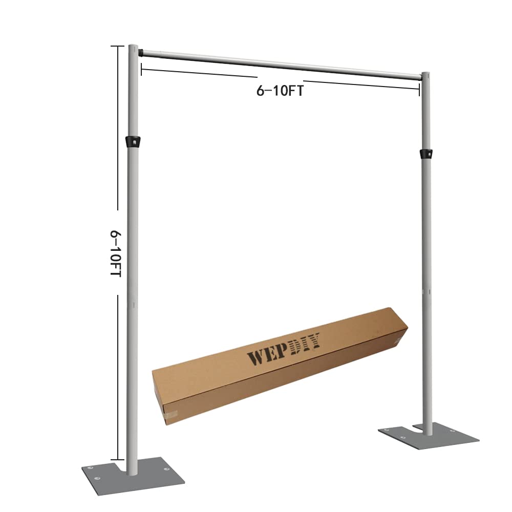 WEPDIY Portable Pipe and Drape Heavy Duty Backdrop Stand, ADJ Metal Frame and Heavy Metal Base for Wedding, Birthday Party, Photography Backdrop(Tall-10FT & CrossBar-10FT)
