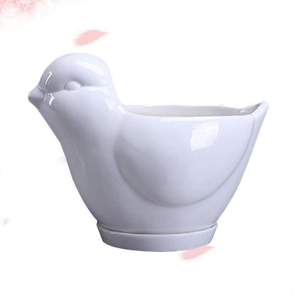 Yardwe Ceramic Bird Shape Succulent Plant Container with Tray Small White Flower Pot for Indoor Desktop Decor