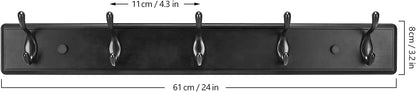 Wooden Coat Rack, Wall-Mounted Organizer for Closet, Entryway, Heavy Duty Double Hooks for Hanging Towels, Black