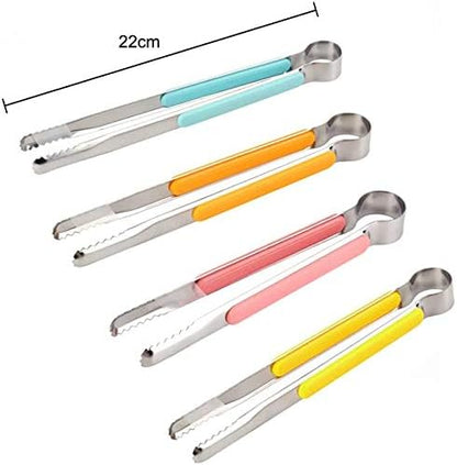 HANSA 2PCS Blue Color Stainless Steel Food Ice Tongs, 9 Inch BBQ Baking Utensils with ABS Handle & Silicone Brush
