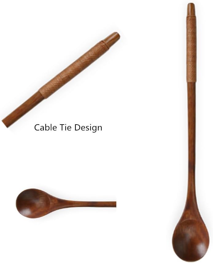 Handmade Wooden Long Handle Coffee Spoon, Retro Honey Jar Stirring Spoon with Cable Tie (2 Pack)