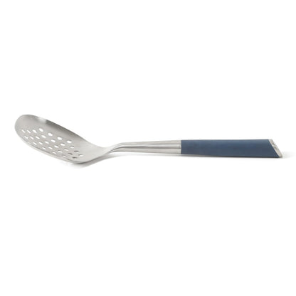 Calphalon Edge Stainless Steel Slotted Spoon/Skimmer with Navy Blue Handle, Slotted Cooking Tool for Draining and Skimming, Heat-Resistant, Durable Kitchen Utensil for Everyday Use