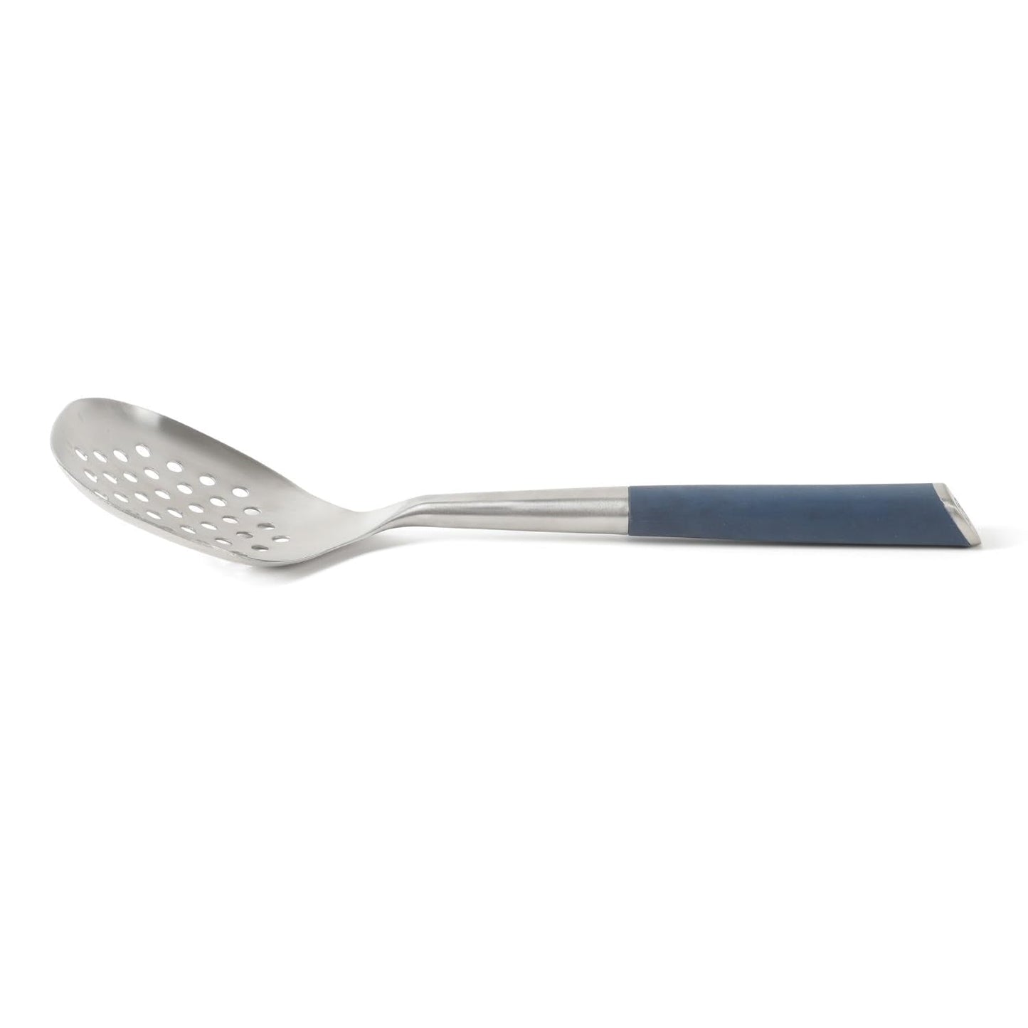 Calphalon Edge Stainless Steel Slotted Spoon/Skimmer, Kitchen Strainer Spoon, Skimmer with Silicone Heat Resistance Handle, Slotted Cooking Tool for Draining and Skimming (Blue)