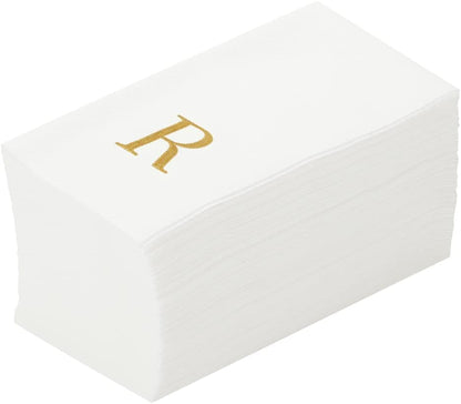 15.8 7.9 Inch 50 Luxenap X Linen-Feel Guest Towels, Lettered Hand Towels - Gold Letter 'R', Sans Serif Font, White