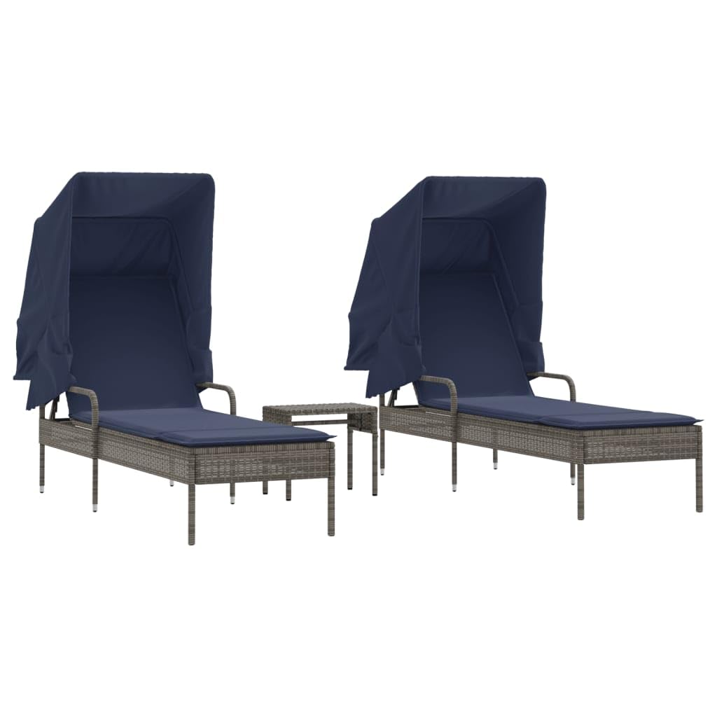 Favemtsl 2-Pack Grey PE Rattan Patio Sun Lounger Set with Adjustable Armrests Canopy Table 78.7" Seat Outdoor Lounge Chairs for Deck Poolside Beach