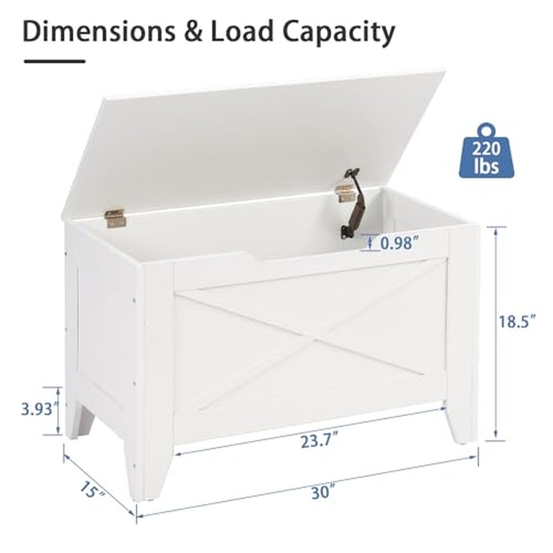 VECELO 30" Storage Bench, Entryway Shoe Ottoman, Farmhouse Style Bench with Handwoven Cushion and Metal Safety Hinges, for Bedroom, Living Room, Entryway, White