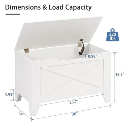 VECELO 30" Storage Bench, Entryway Shoe Ottoman, Farmhouse Style Bench with Handwoven Cushion and Metal Safety Hinges, for Bedroom, Living Room, Entryway, White
