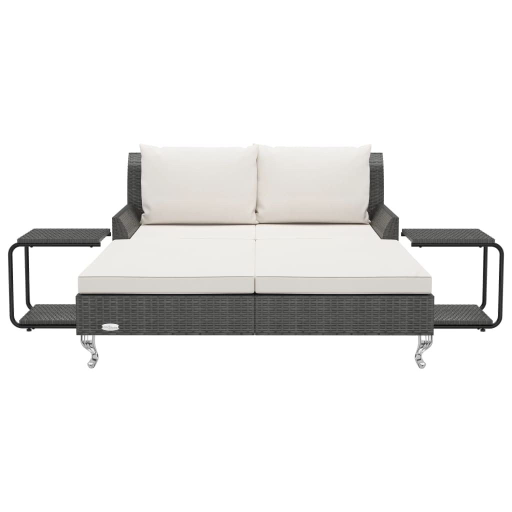 JHQHSM Black Rattan 2-Person Garden Sun Bed with Cream White Cushions, Outdoor Sun Lounger for Patio