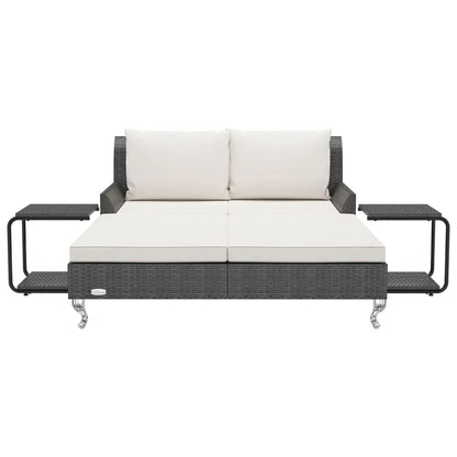 JHQHSM Black Rattan 2-Person Garden Sun Bed with Cream White Cushions, Outdoor Sun Lounger for Patio
