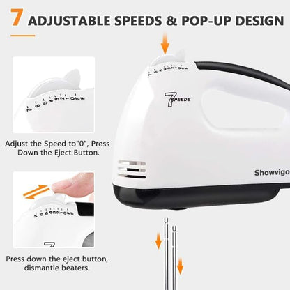 Showvigor Electric Hand mixer - 7 Adjustable Speed 180W Handheld Mixer Electric Whisk with 5 Stainless Steel Accessories, Turbo Boost/Self-Control Speed + Eject Button Food Beater for Cakes Eggs