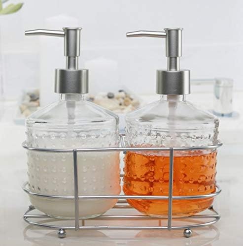 Circleware 32470 Dispenser Bottle Pumps in Metal Caddy, Set of 2, 17.5 oz, Nickel Hobnail