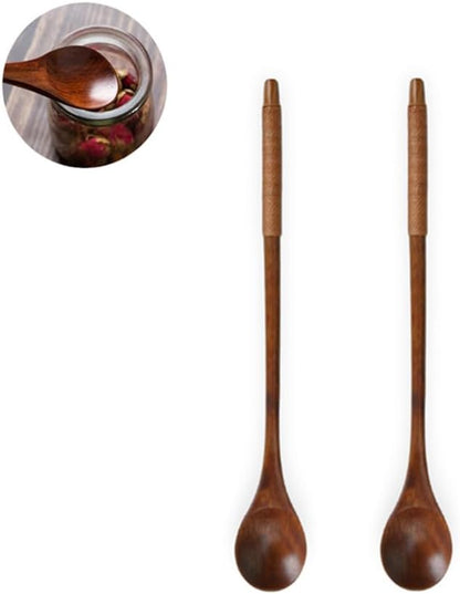 Handmade Wooden Long Handle Coffee Spoon, Retro Honey Jar Stirring Spoon with Cable Tie (2 Pack)