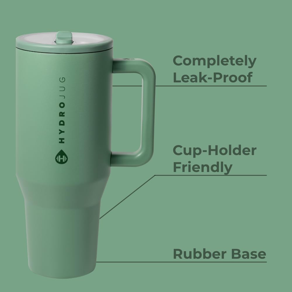 HydroJug Traveler - 32 oz Water Bottle with Handle & Flip Straw - Fits in Cup Holder, Leak Resistant Tumbler-Reusable Insulated Stainless Steel & Rubber Base - Gifts for Women & Men, Sage