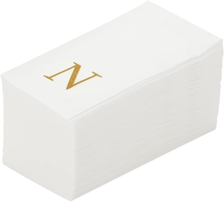 15.8 7.9 Inch 50 Luxenap X Linen-Feel Guest Towels, Lettered Hand Towels - Gold Letter 'N', Sans Serif Font, White