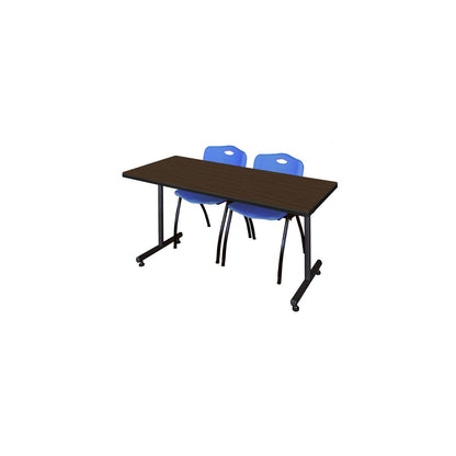 Regency Kobe 72 x 30 in. T-Base Training Seminar Table- Neo Walnut, 2 M Stack Chairs- Blue