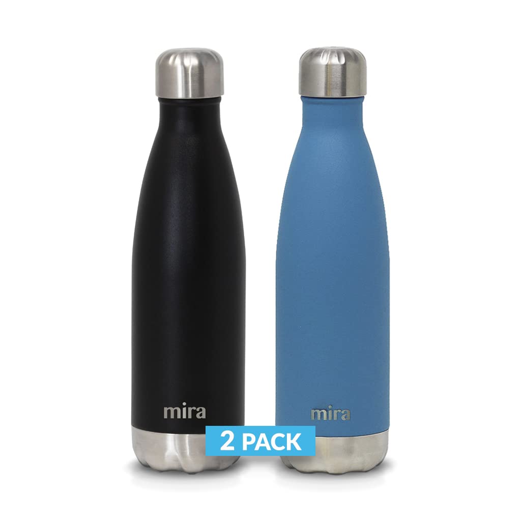 MIRA 2 Pack 17 oz Insulated Water Bottle - Stainless Steel Cola Shape Thermo - Double Wall Hot & Cold Flask (24Hr Cold/12Hr Hot) - Black & Hawaiian Blue