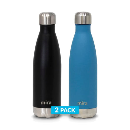 MIRA 2 Pack 17 oz Insulated Water Bottle - Stainless Steel Cola Shape Thermo - Double Wall Hot & Cold Flask (24Hr Cold/12Hr Hot) - Black & Hawaiian Blue