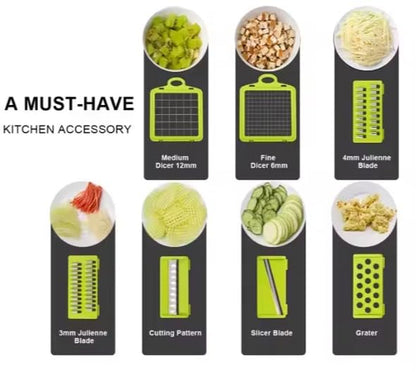 Vegetable Chopper and Slicer, 15-in-1 Manual Food Dicer with Container, Stainless Steel Blades, Gray and Green