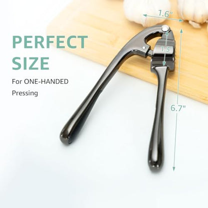 Garlic Press Crusher & Mincer – Easy Squeeze Ergonomic Handle, Heavy Duty Zinc Alloy, Dishwasher Safe, Includes Peeler & Cleaning Brush – Garlic Ginger Crusher Tool (Black)