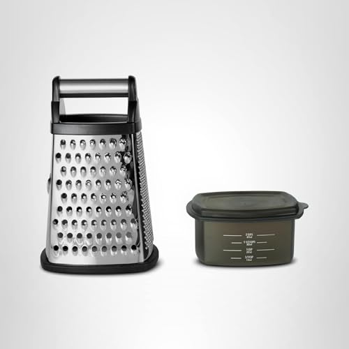 KitchenAid Gourmet 4-Sided Stainless Steel Box Grater for Fine, Medium and Coarse Grate, and Slicing, Detachable 3 Cup Storage Container and Measurment Markings, Dishwasher Safe, 10 inches tall, Black