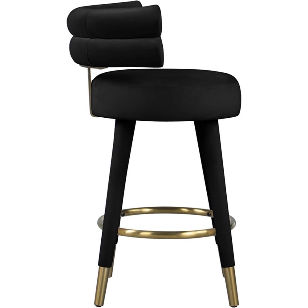 Meridian Furniture 798Black-C Fitzroy Collection Modern | Contemporary Velvet Upholstered Counter Stool with Deep Channel Tufted Back and Gold Metal Capped Legs, Black, 25" W x 21" D x 35" H, Set of 2